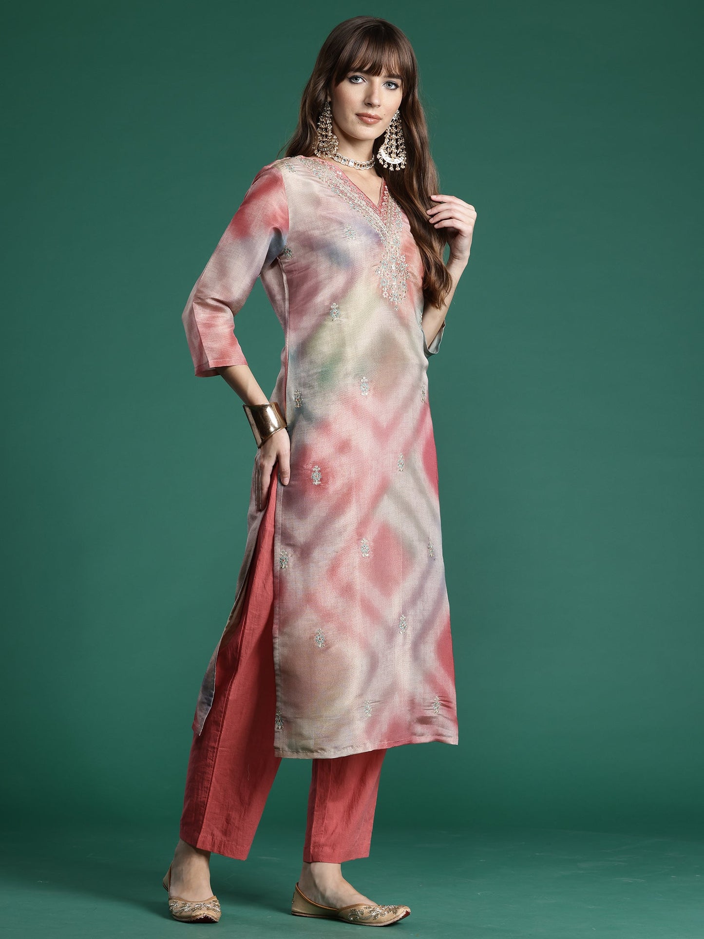 Multi Embroidered Straight Kurta Trousers With Dupatta Set