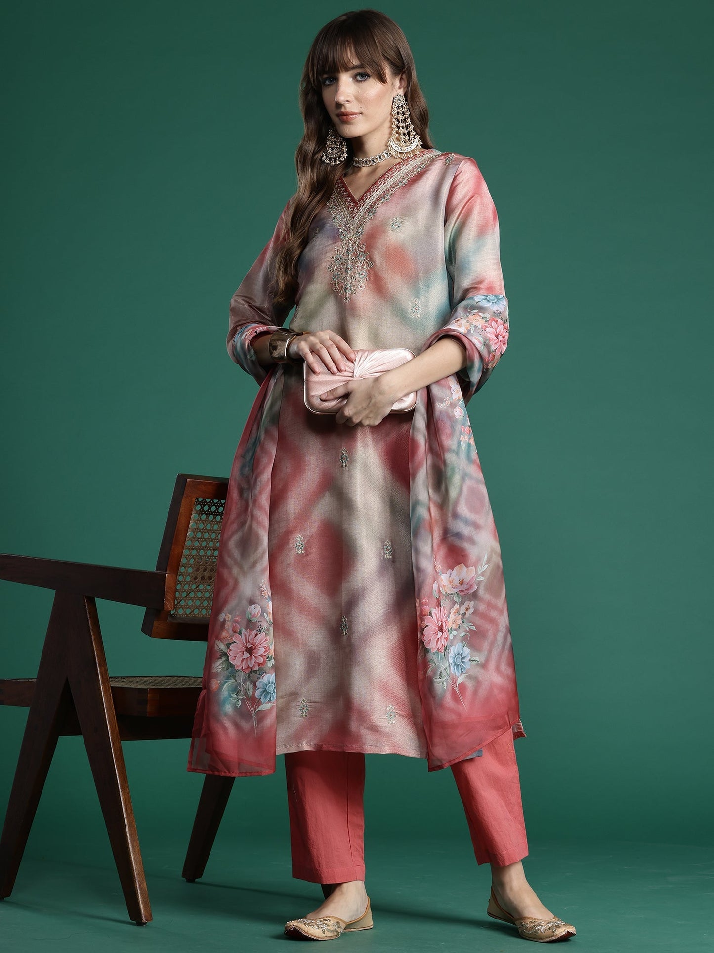 Multi Embroidered Straight Kurta Trousers With Dupatta Set