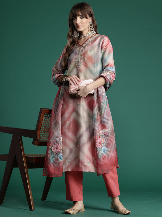 Multi Embroidered Straight Kurta Trousers With Dupatta Set