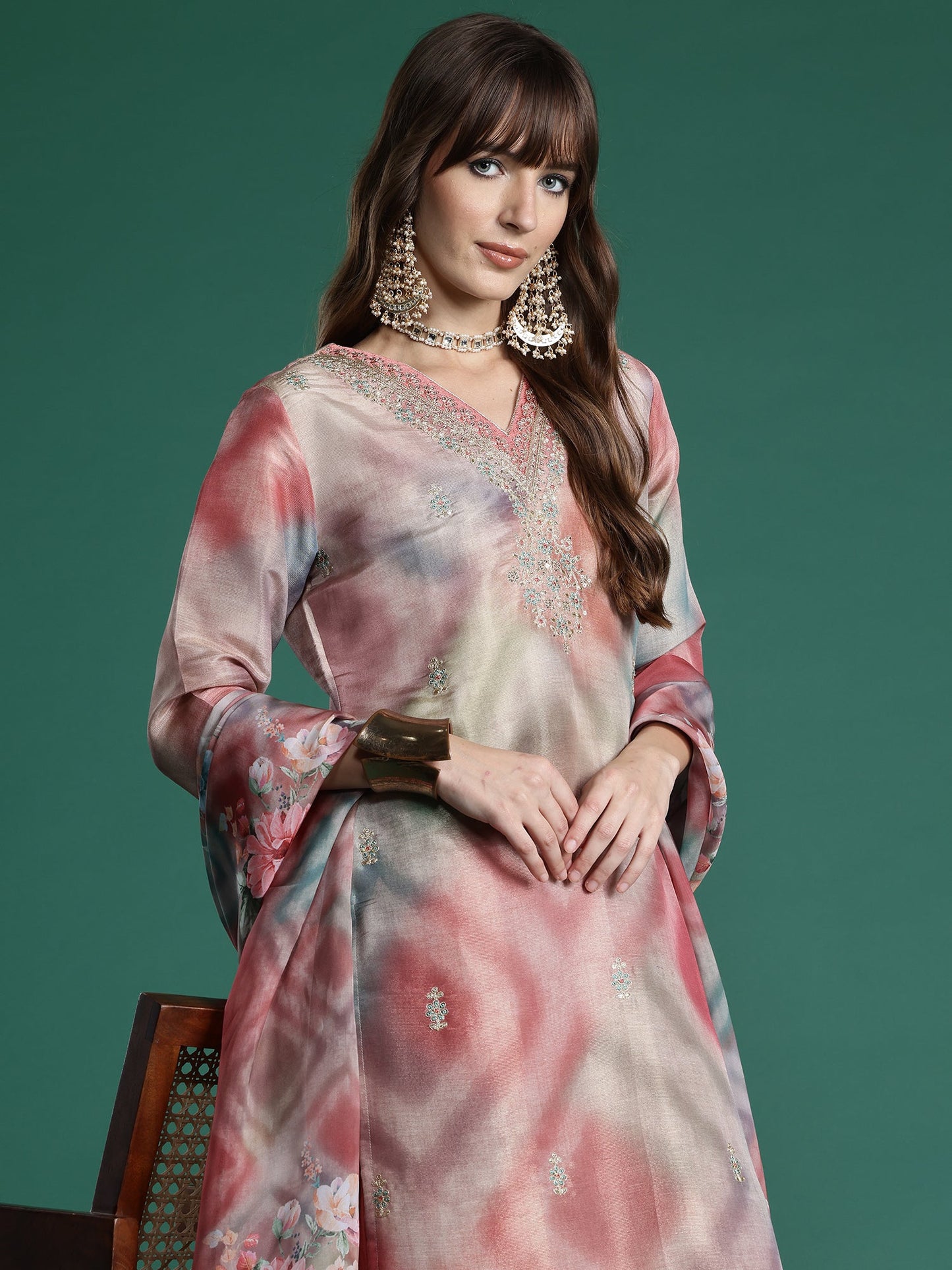 Multi Embroidered Straight Kurta Trousers With Dupatta Set