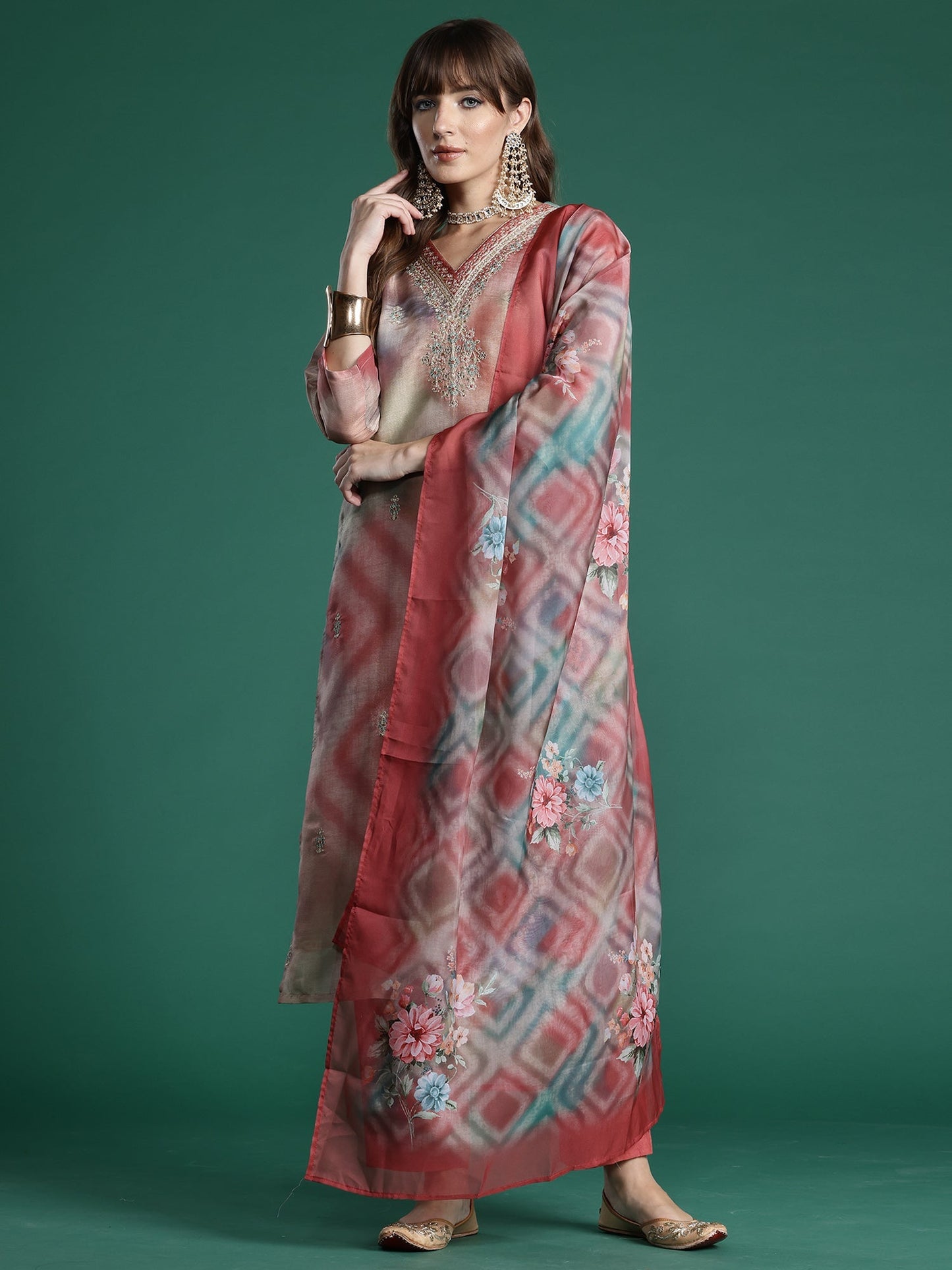 Multi Embroidered Straight Kurta Trousers With Dupatta Set