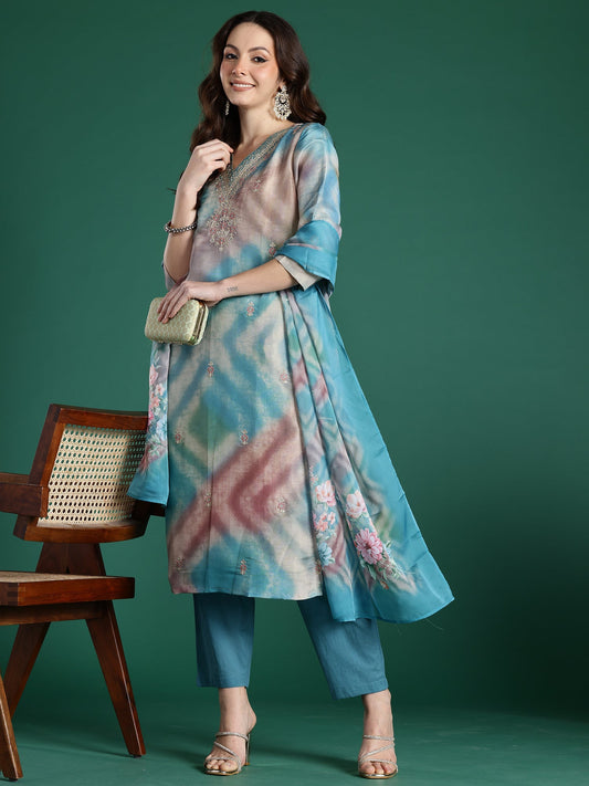 Multi Embroidered Straight Kurta Trousers With Dupatta Set