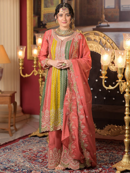 Multi Embroidered A-Line Kurta Palazzos With Dupatta set
