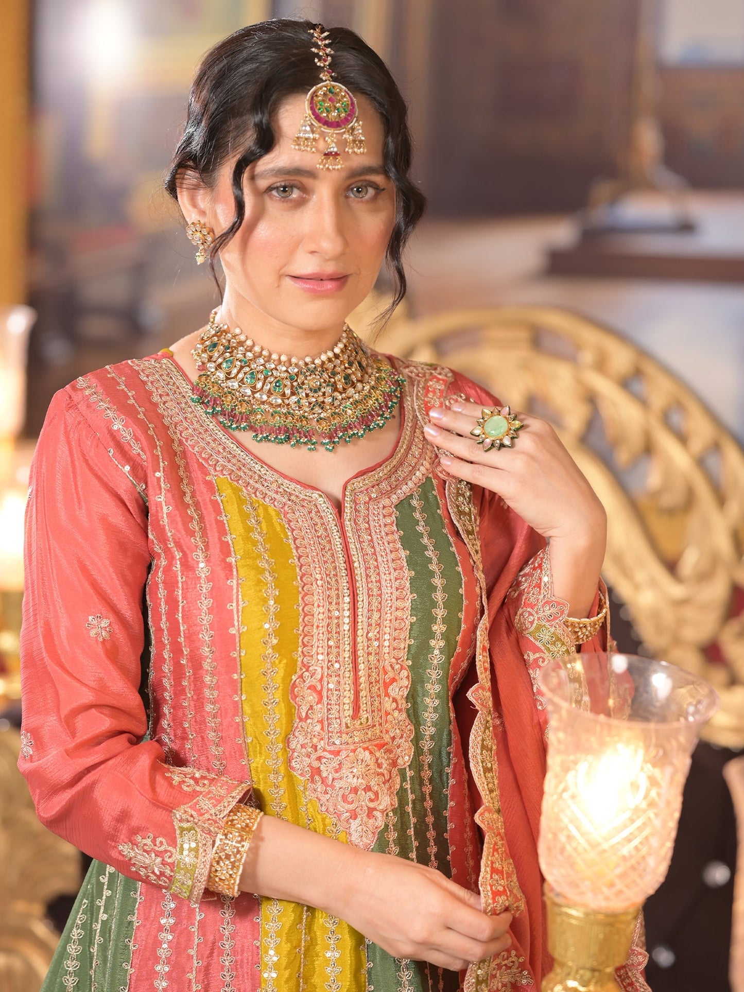 Multi Embroidered A-Line Kurta Palazzos With Dupatta set