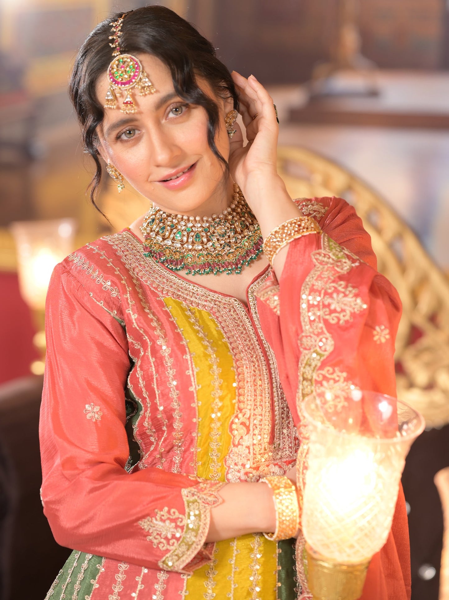 Multi Embroidered A-Line Kurta Palazzos With Dupatta set