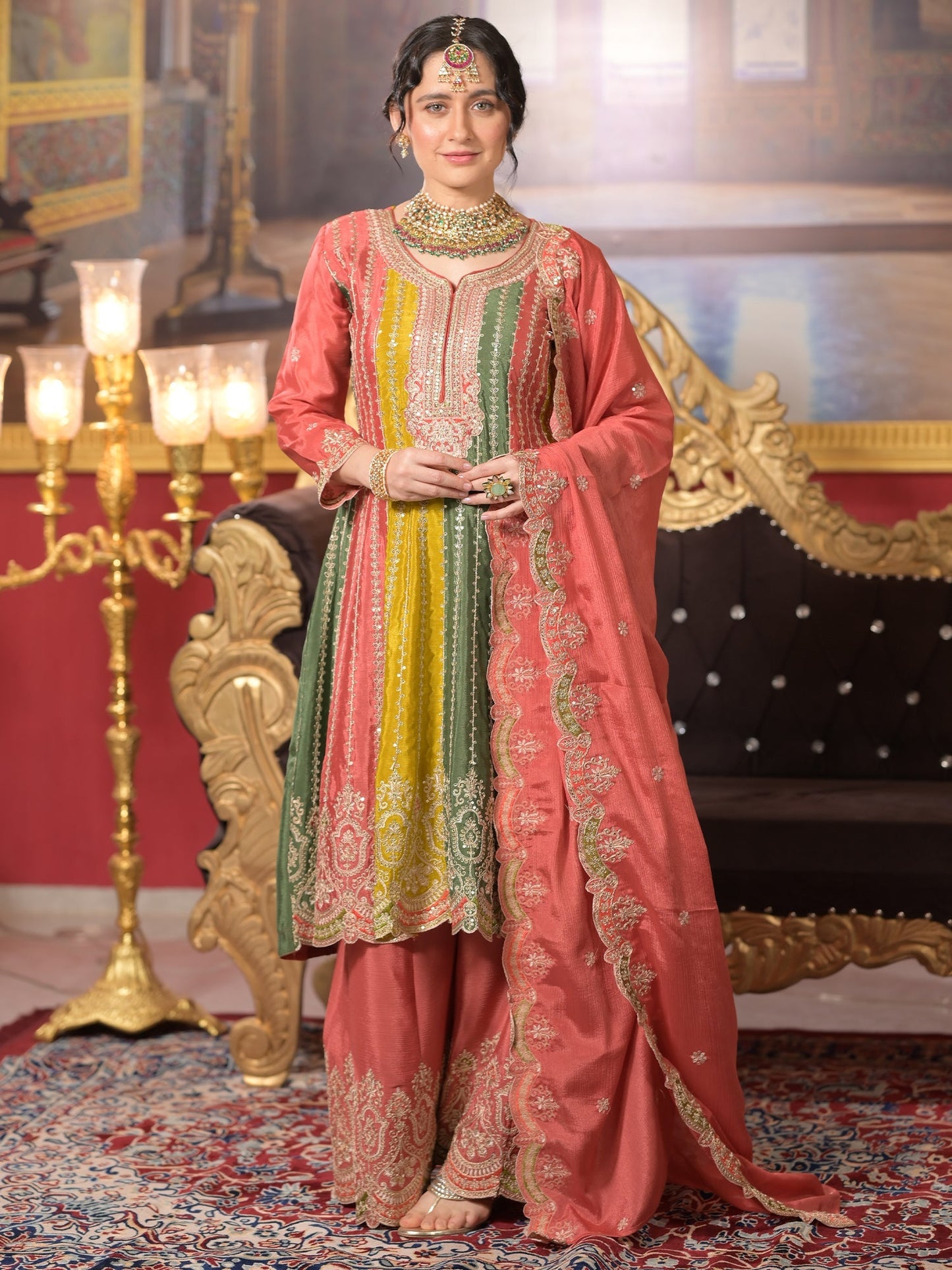 Multi Embroidered A-Line Kurta Palazzos With Dupatta set