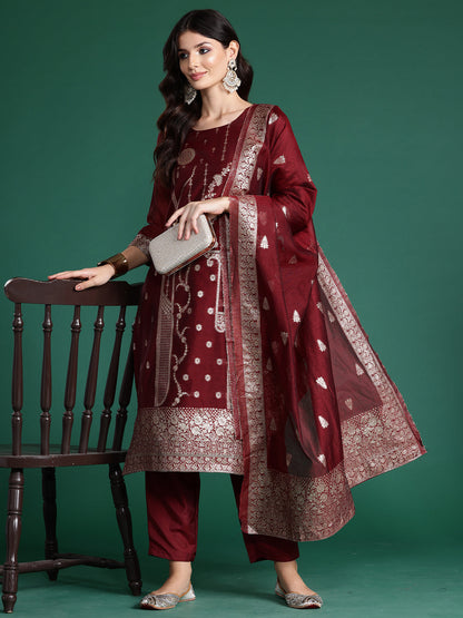 Maroon Woven Design Straight Kurta Trousers With Dupatta  Set