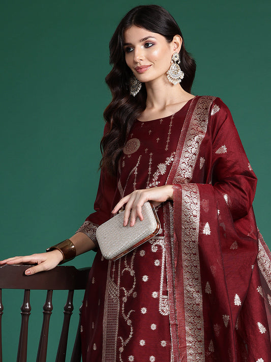 Maroon Woven Design Straight Kurta Trousers With Dupatta  Set