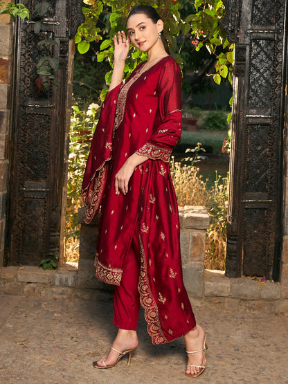 Maroon Embroidered Straight Kurta Trousers With Dupatta set