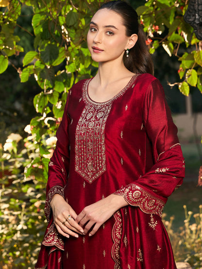 Maroon Embroidered Straight Kurta Trousers With Dupatta set