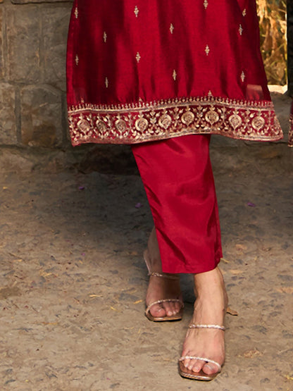 Maroon Embroidered Straight Kurta Trousers With Dupatta set