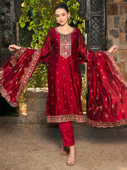 Maroon Embroidered Straight Kurta Trousers With Dupatta set