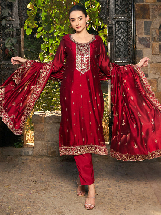 Maroon Embroidered Straight Kurta Trousers With Dupatta set