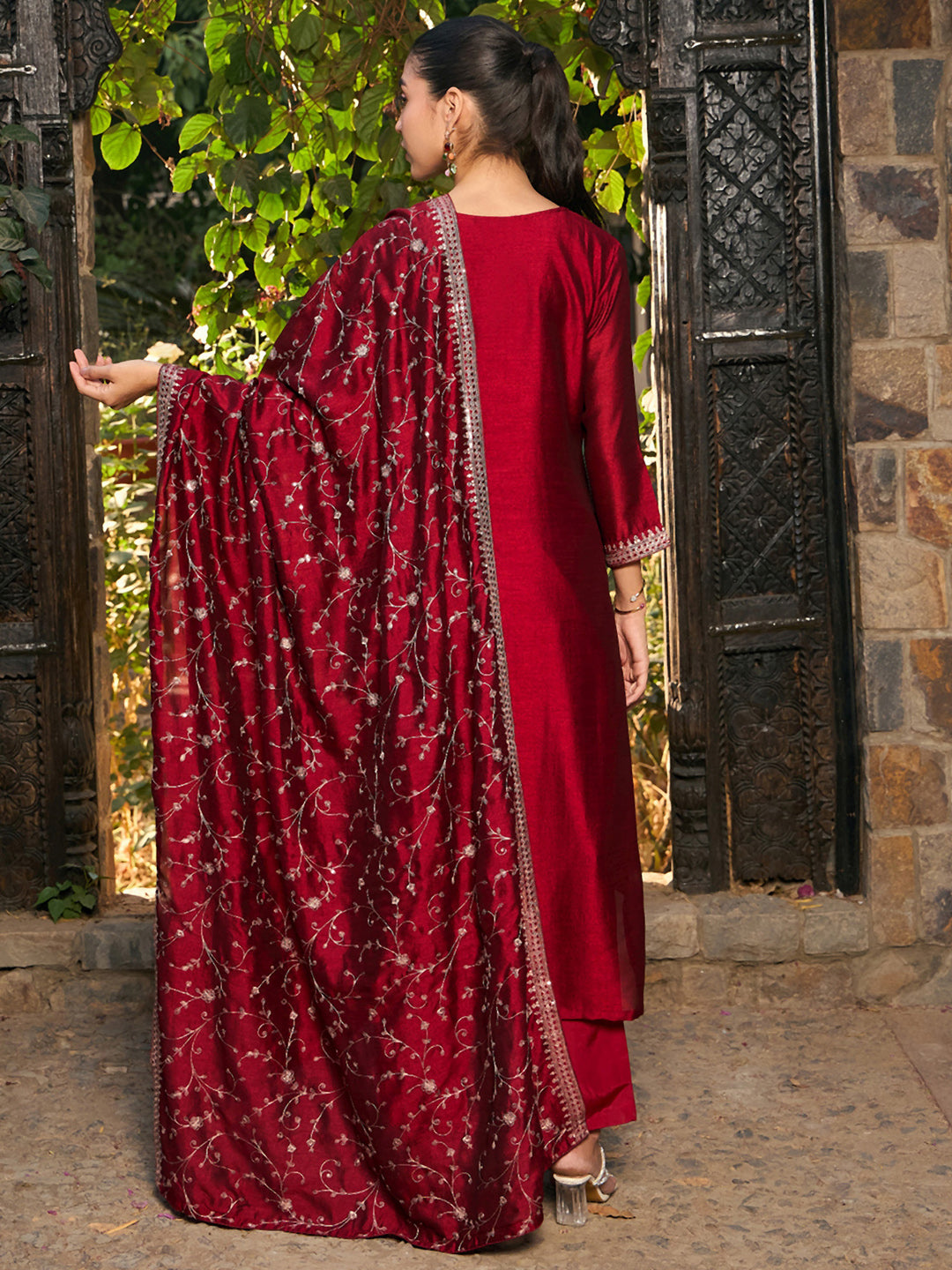 Indo Era Maroon Embroidered Straight Kurta Trousers With Dupatta set