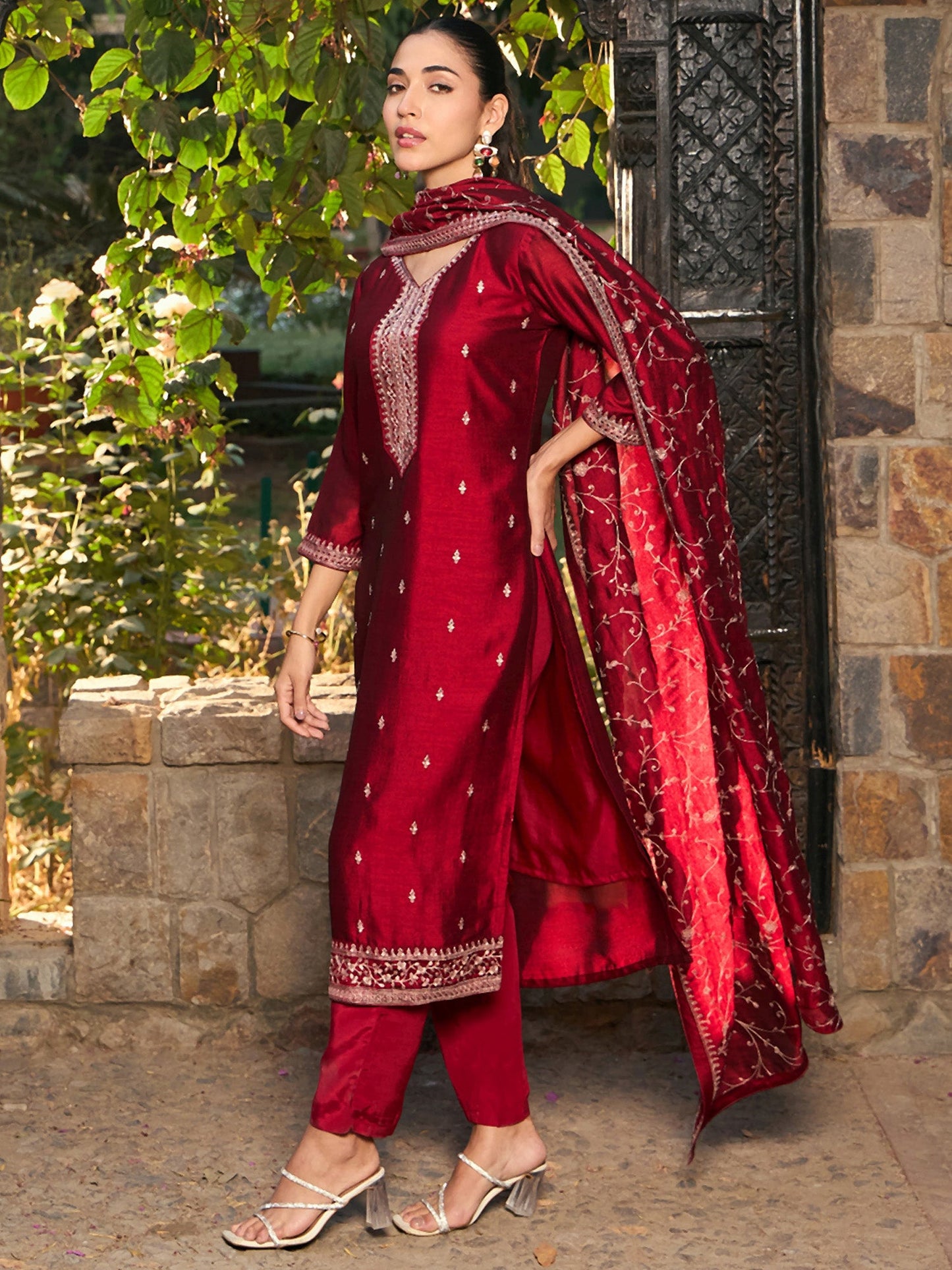 Indo Era Maroon Embroidered Straight Kurta Trousers With Dupatta set