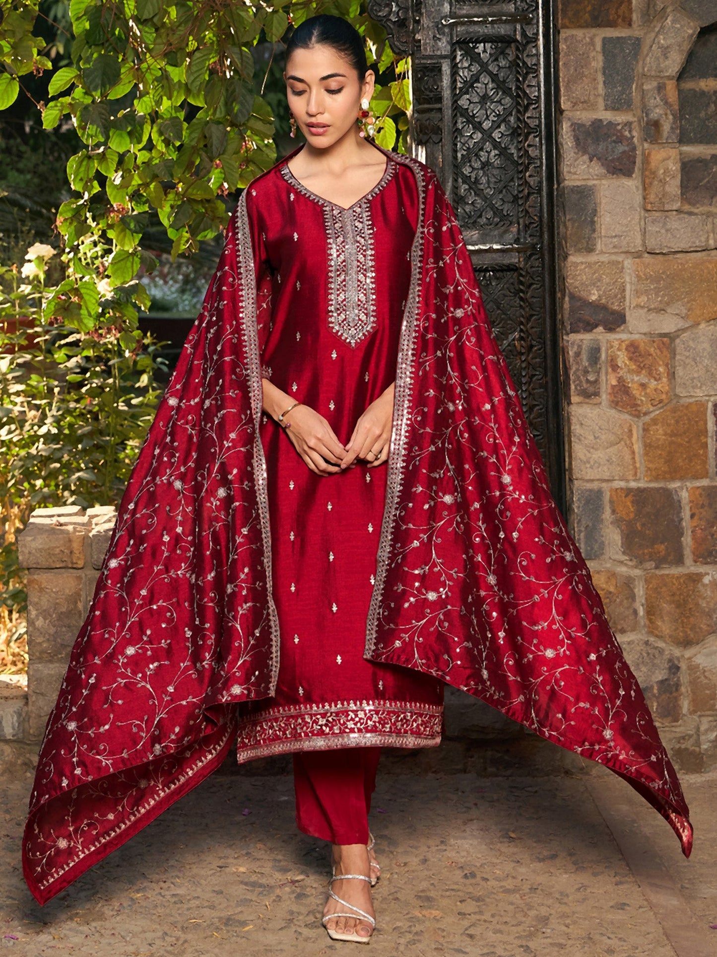 Indo Era Maroon Embroidered Straight Kurta Trousers With Dupatta set