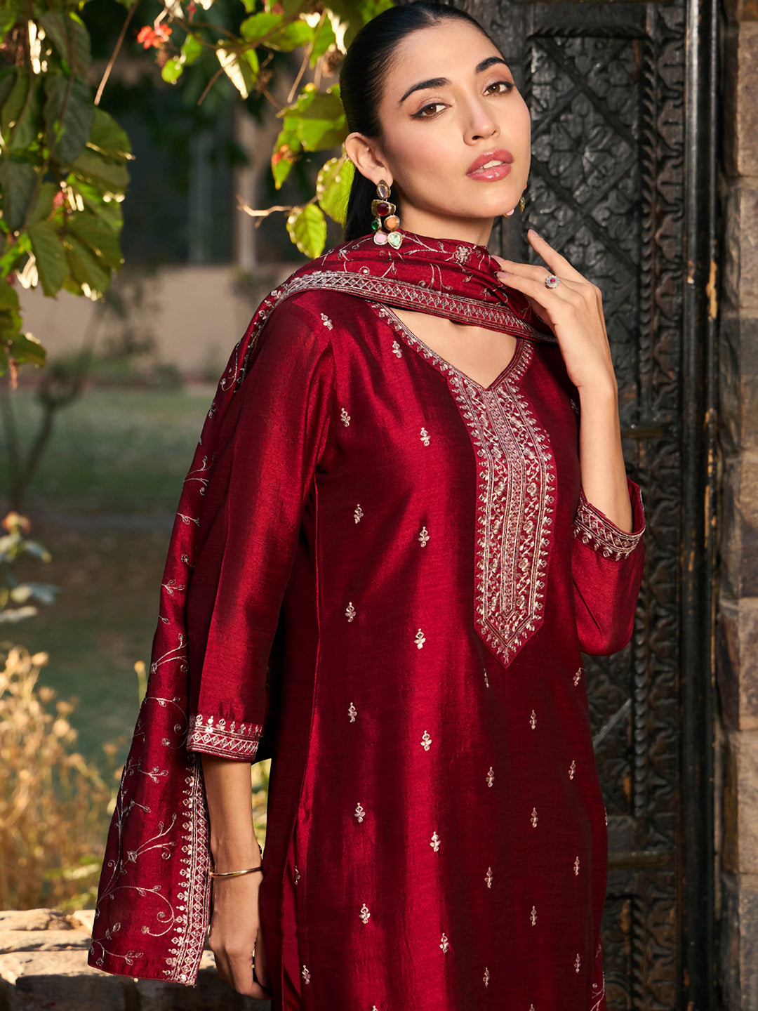 Indo Era Maroon Embroidered Straight Kurta Trousers With Dupatta set