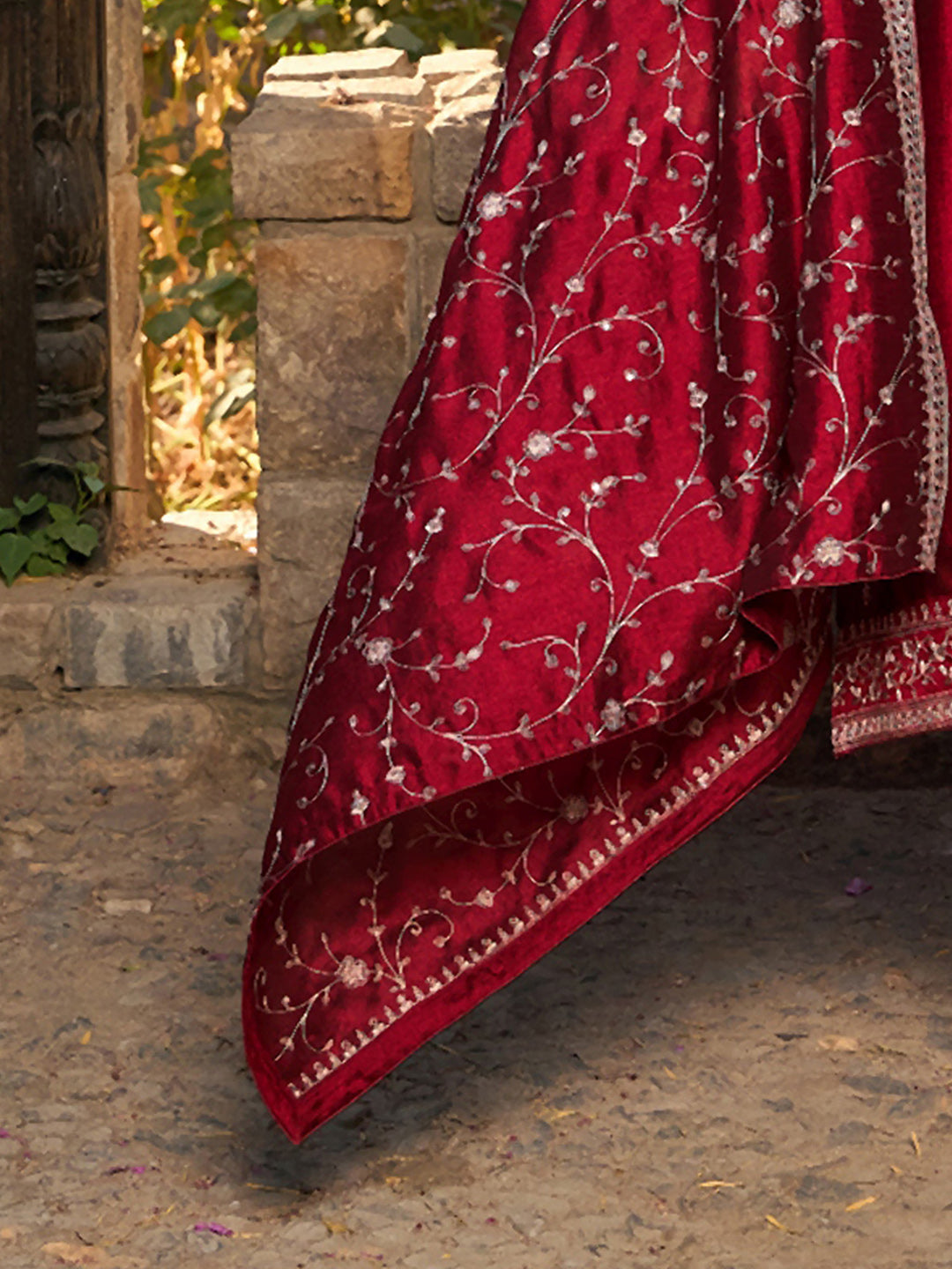 Indo Era Maroon Embroidered Straight Kurta Trousers With Dupatta set