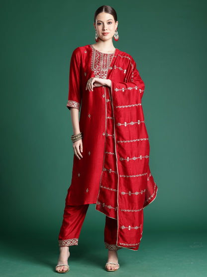 Maroon Embroidered Straight Kurta Trousers With Dupatta  Set