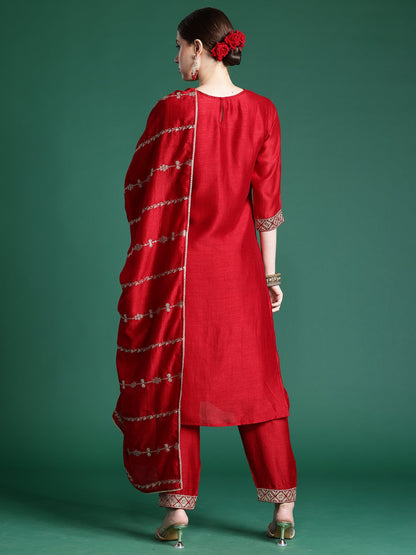 Maroon Embroidered Straight Kurta Trousers With Dupatta  Set