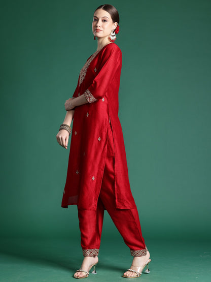Maroon Embroidered Straight Kurta Trousers With Dupatta  Set