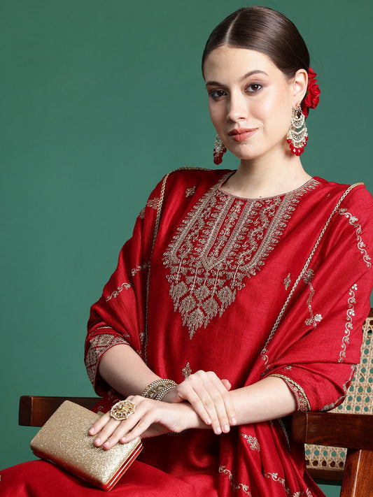 Maroon Embroidered Straight Kurta Trousers With Dupatta  Set