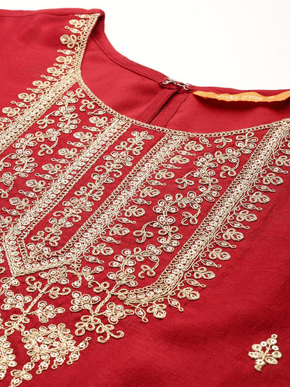 Maroon Embroidered Straight Kurta Trousers With Dupatta  Set