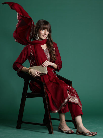 Maroon Embroidered Straight Kurta Trousers With Dupatta set