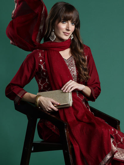 Maroon Embroidered Straight Kurta Trousers With Dupatta set