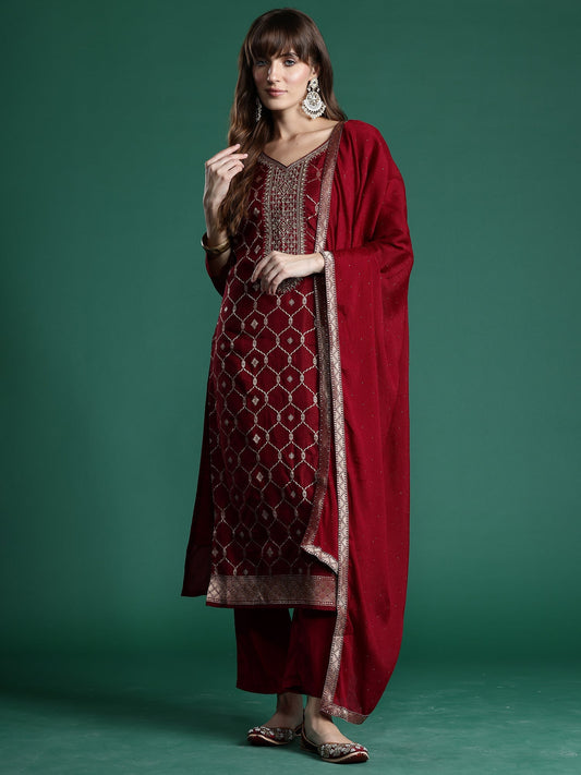 Maroon Embroidered Straight Kurta Trousers With Dupatta set