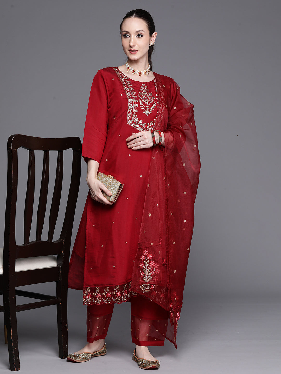 Indo Era Maroon Embroidered Ethnic Straight Kurta Trousers With Dupatta Set