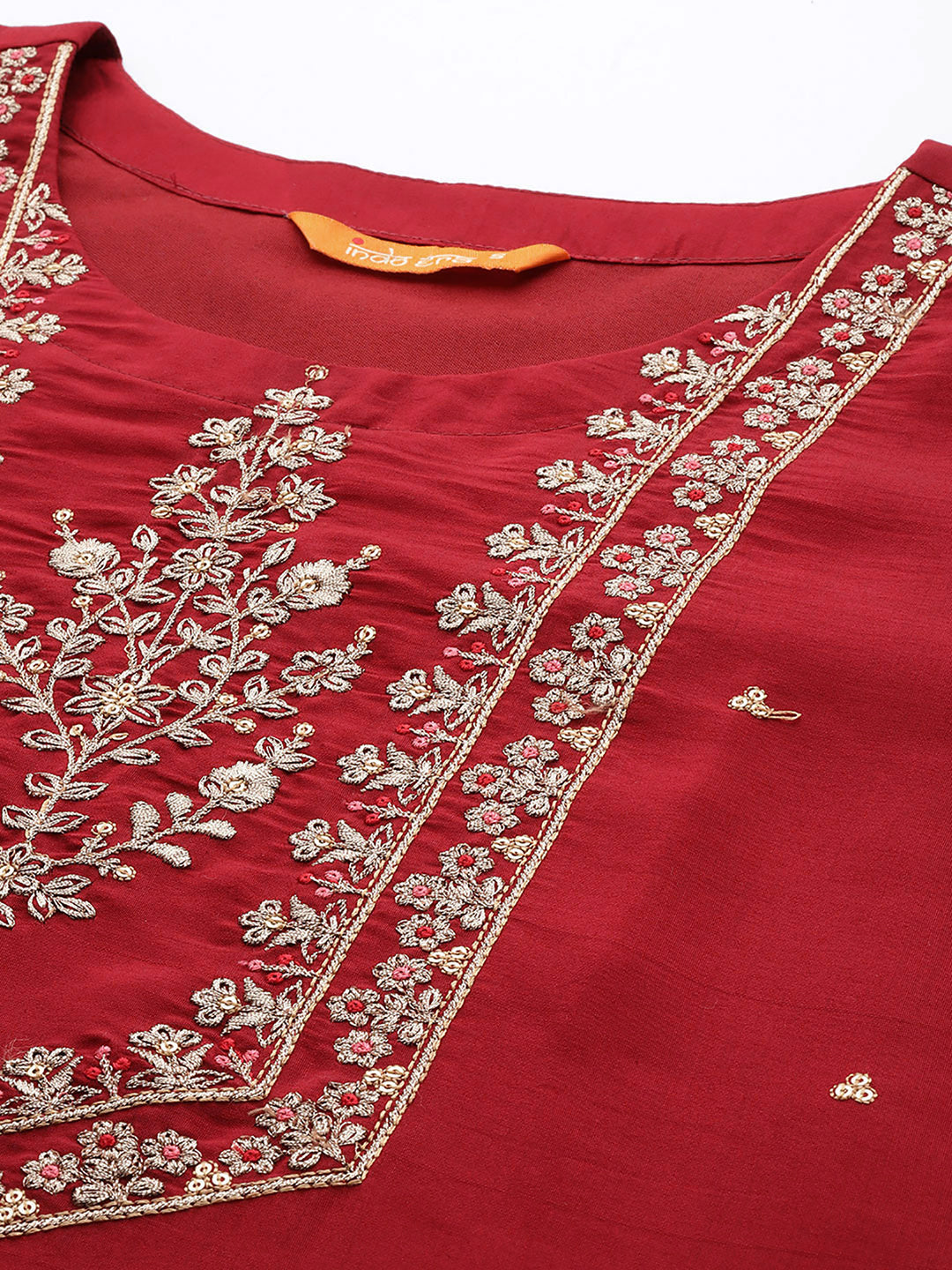 Indo Era Maroon Embroidered Ethnic Straight Kurta Trousers With Dupatta Set