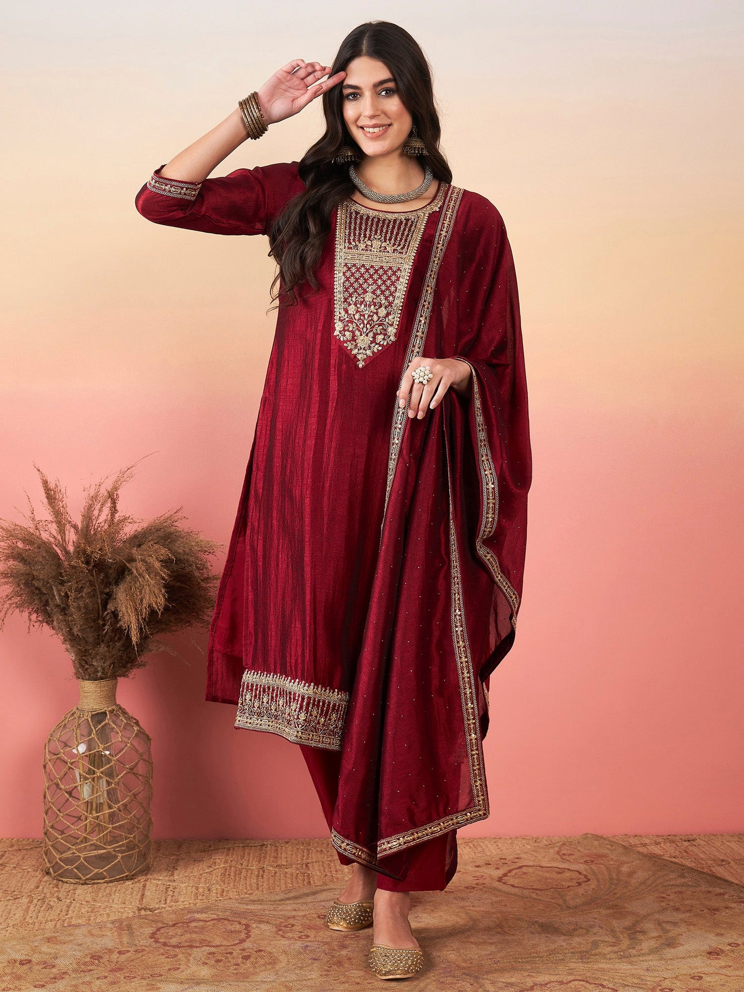 Maroon Floral Yoke Design Regular Zardozi Kurta with Trousers & With Dupatta