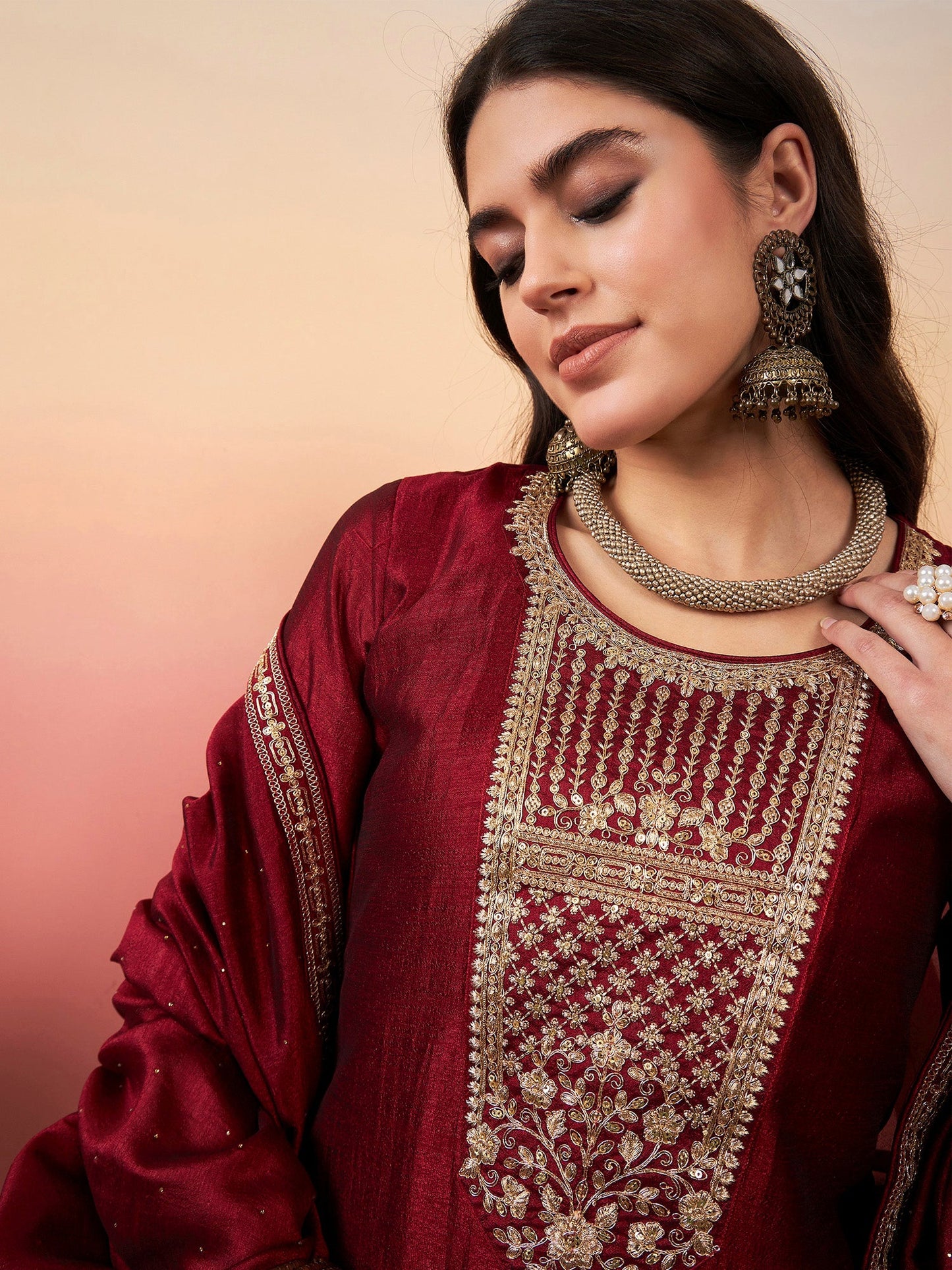 Maroon Floral Yoke Design Regular Zardozi Kurta with Trousers & With Dupatta
