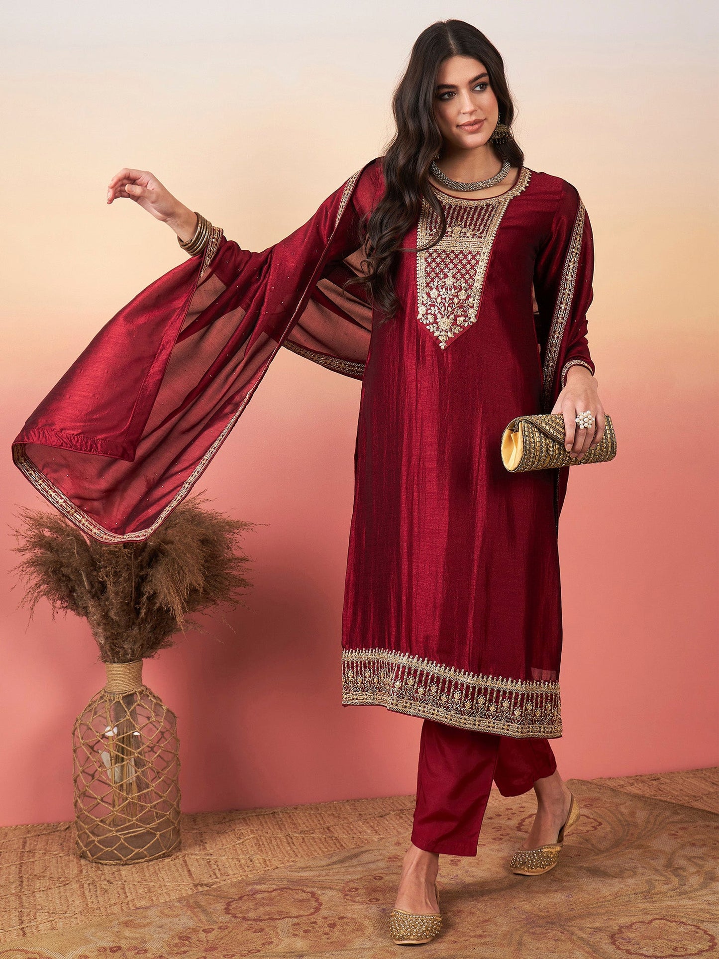 Maroon Floral Yoke Design Regular Zardozi Kurta with Trousers & With Dupatta
