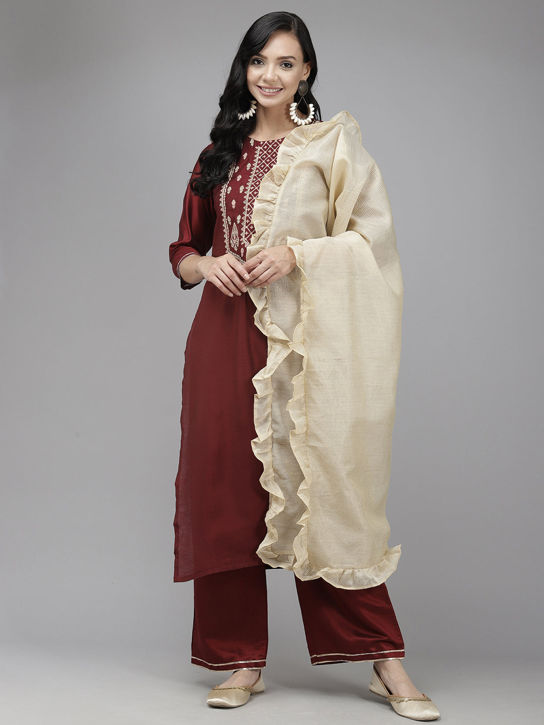 Indo Era Maroon Embroidred Straight Kurta Trouser With Dupatta Set