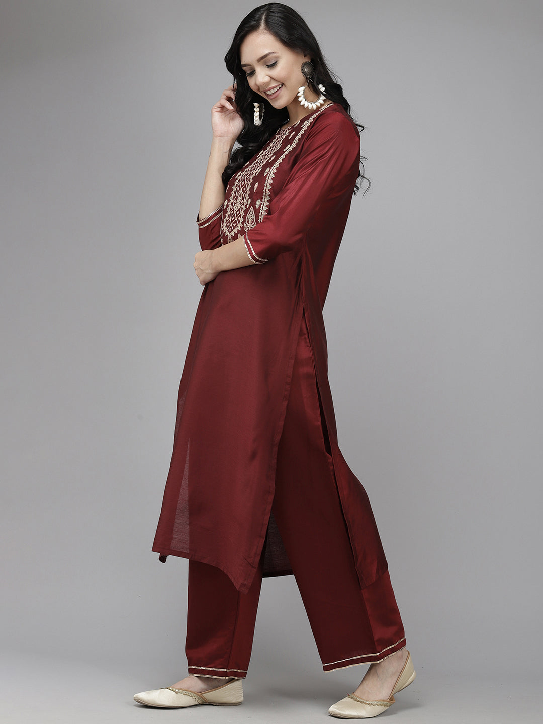 Indo Era Maroon Embroidred Straight Kurta Trouser With Dupatta Set