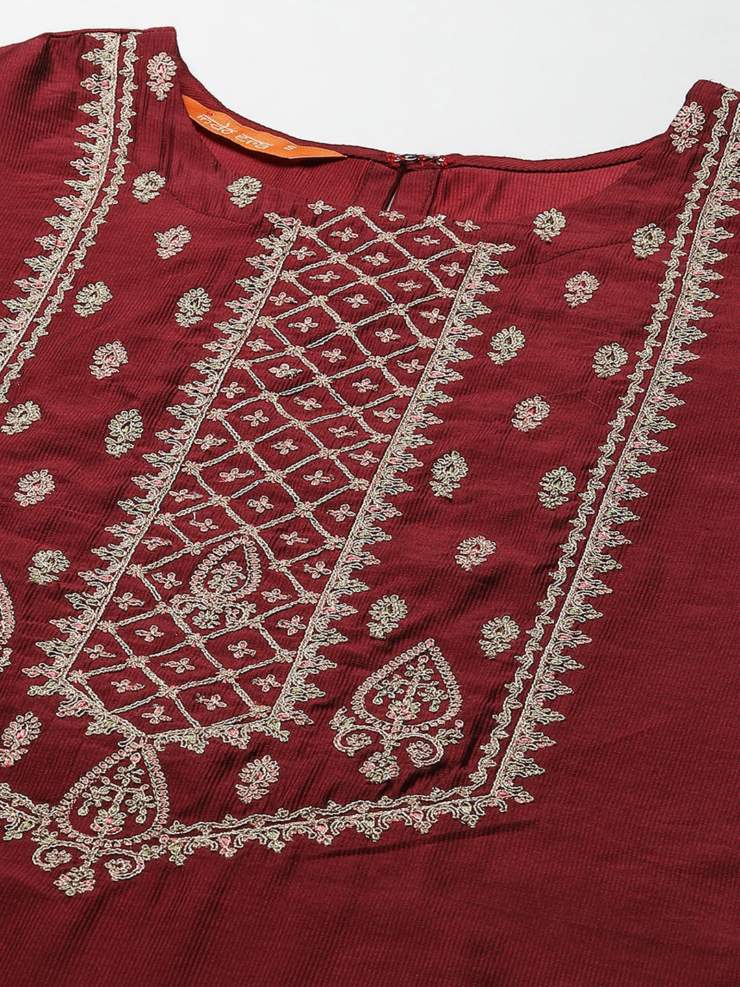 Indo Era Maroon Embroidred Straight Kurta Trouser With Dupatta Set