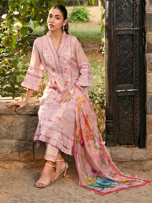 Mauve Embroidered A-Line Kurta Trousers With Dupatta set