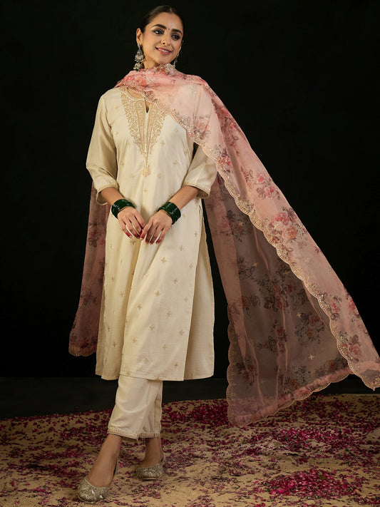 Cream Embroidered Straight Kurta Trousers With Dupatta set