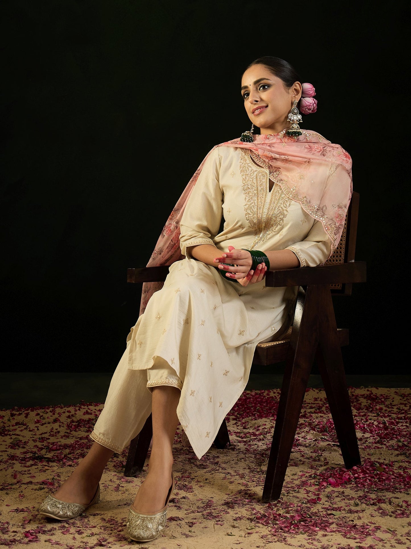 Cream Embroidered Straight Kurta Trousers With Dupatta set