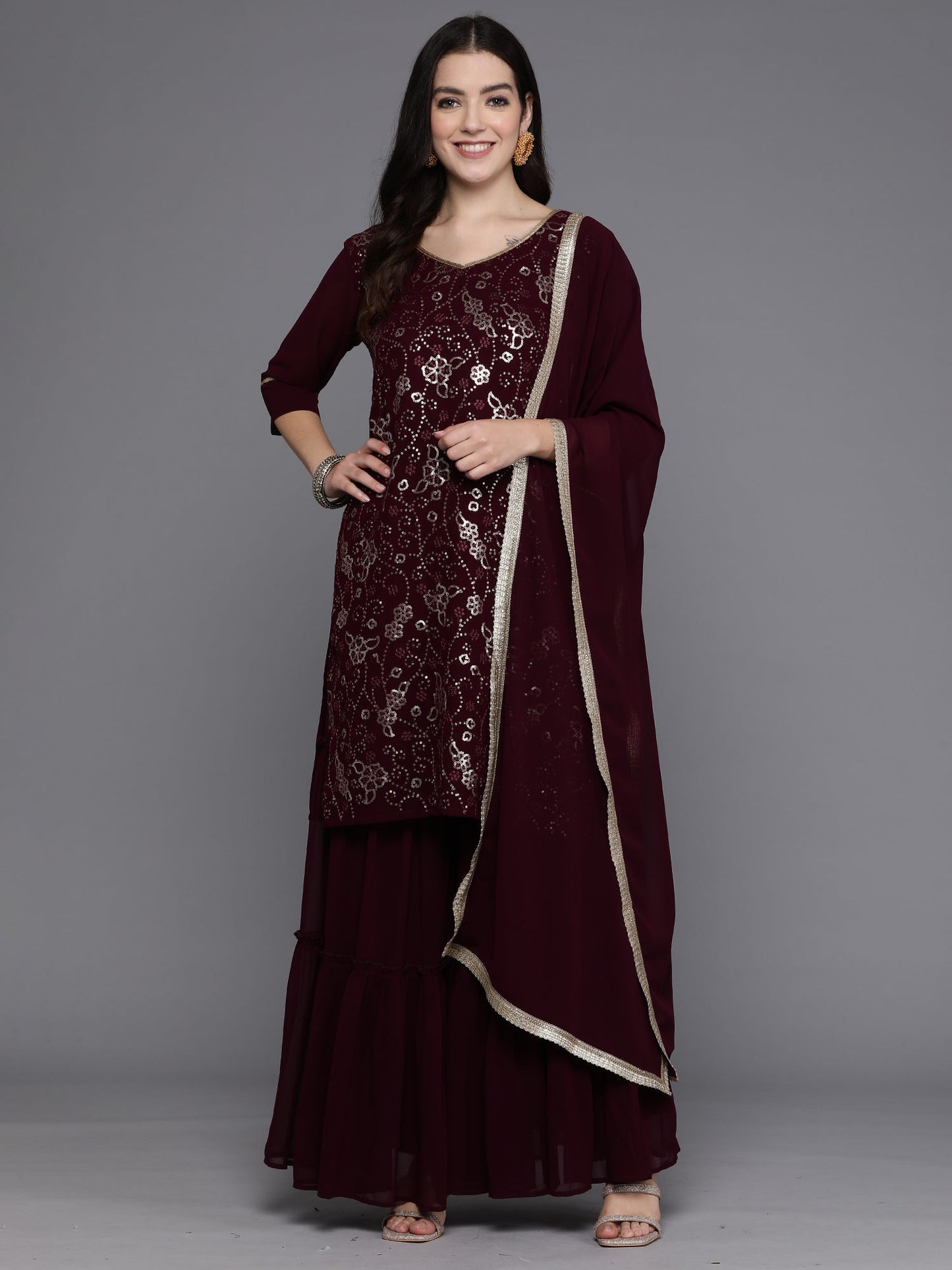 Indo Era Burgundy Embroidered Straight Kurta Sharara With Dupatta set