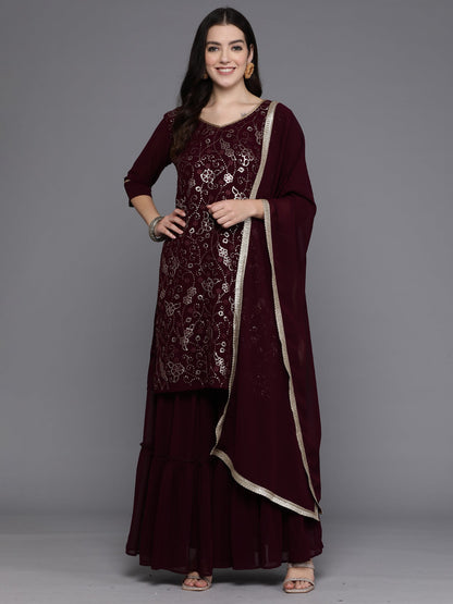 Indo Era Burgundy Embroidered Straight Kurta Sharara With Dupatta set