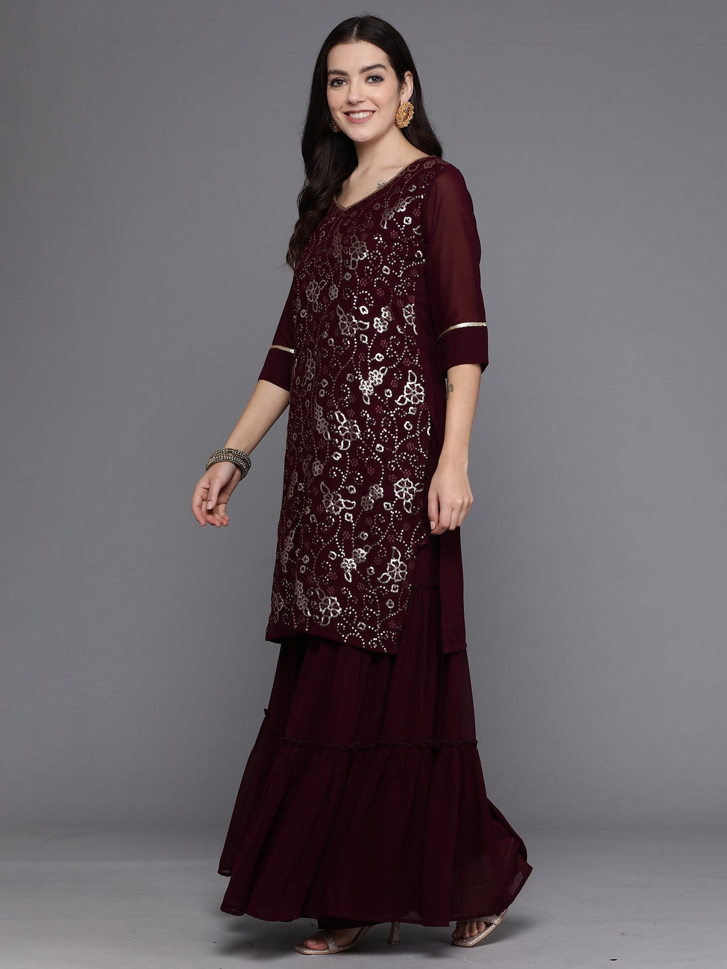 Indo Era Burgundy Embroidered Straight Kurta Sharara With Dupatta set