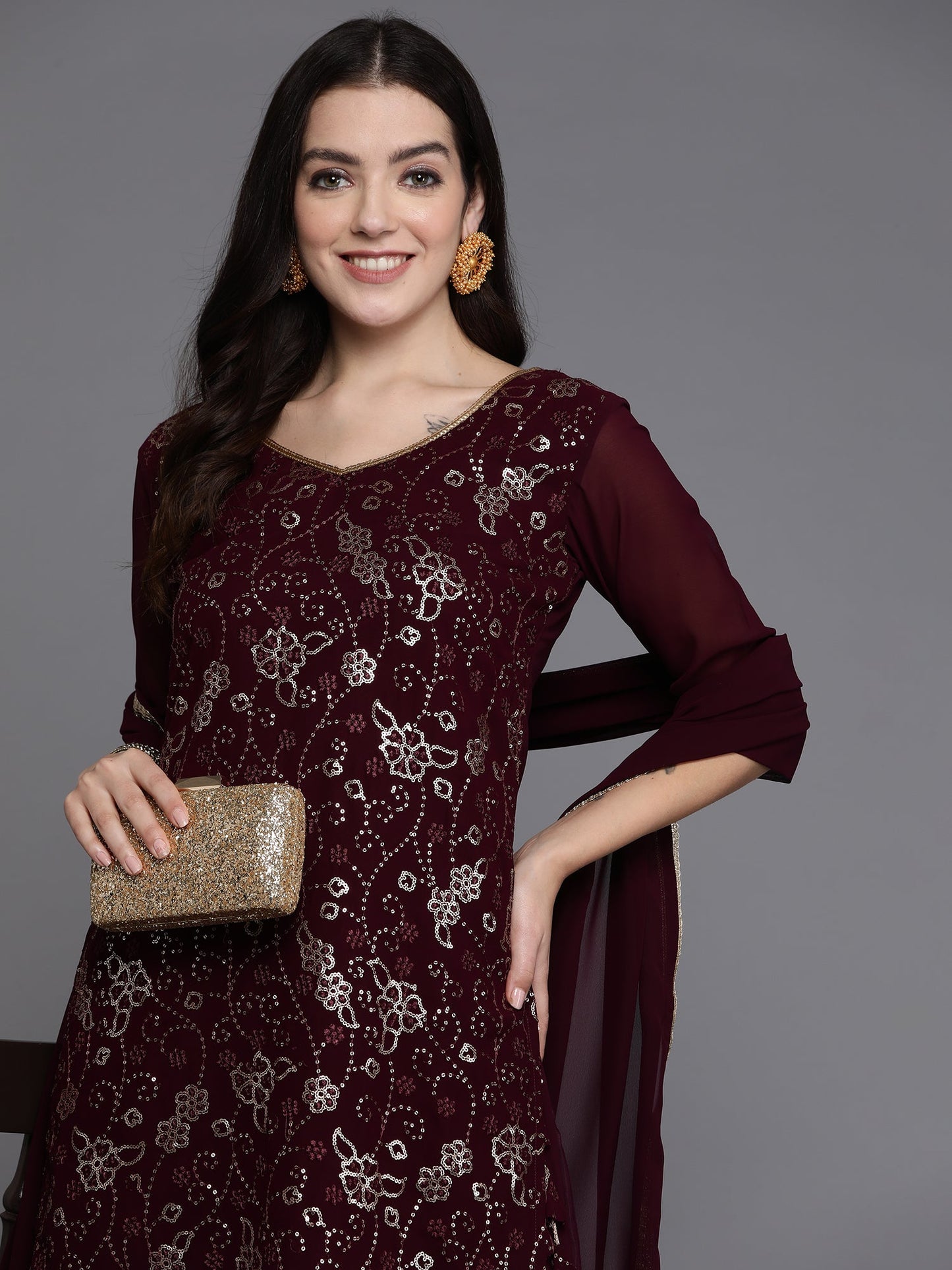 Indo Era Burgundy Embroidered Straight Kurta Sharara With Dupatta set