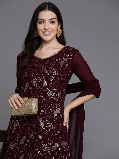 Indo Era Burgundy Embroidered Straight Kurta Sharara With Dupatta set