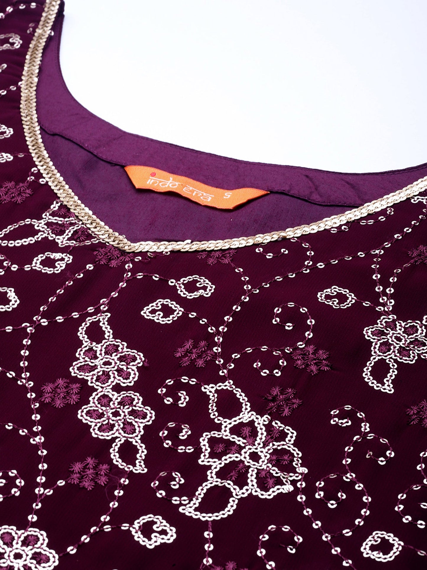 Indo Era Burgundy Embroidered Straight Kurta Sharara With Dupatta set