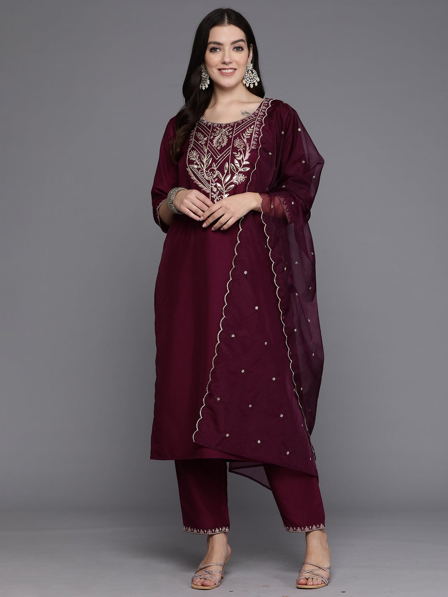 Indo Era Burgundy Embroidered Straight Kurta Trousers With Dupatta set
