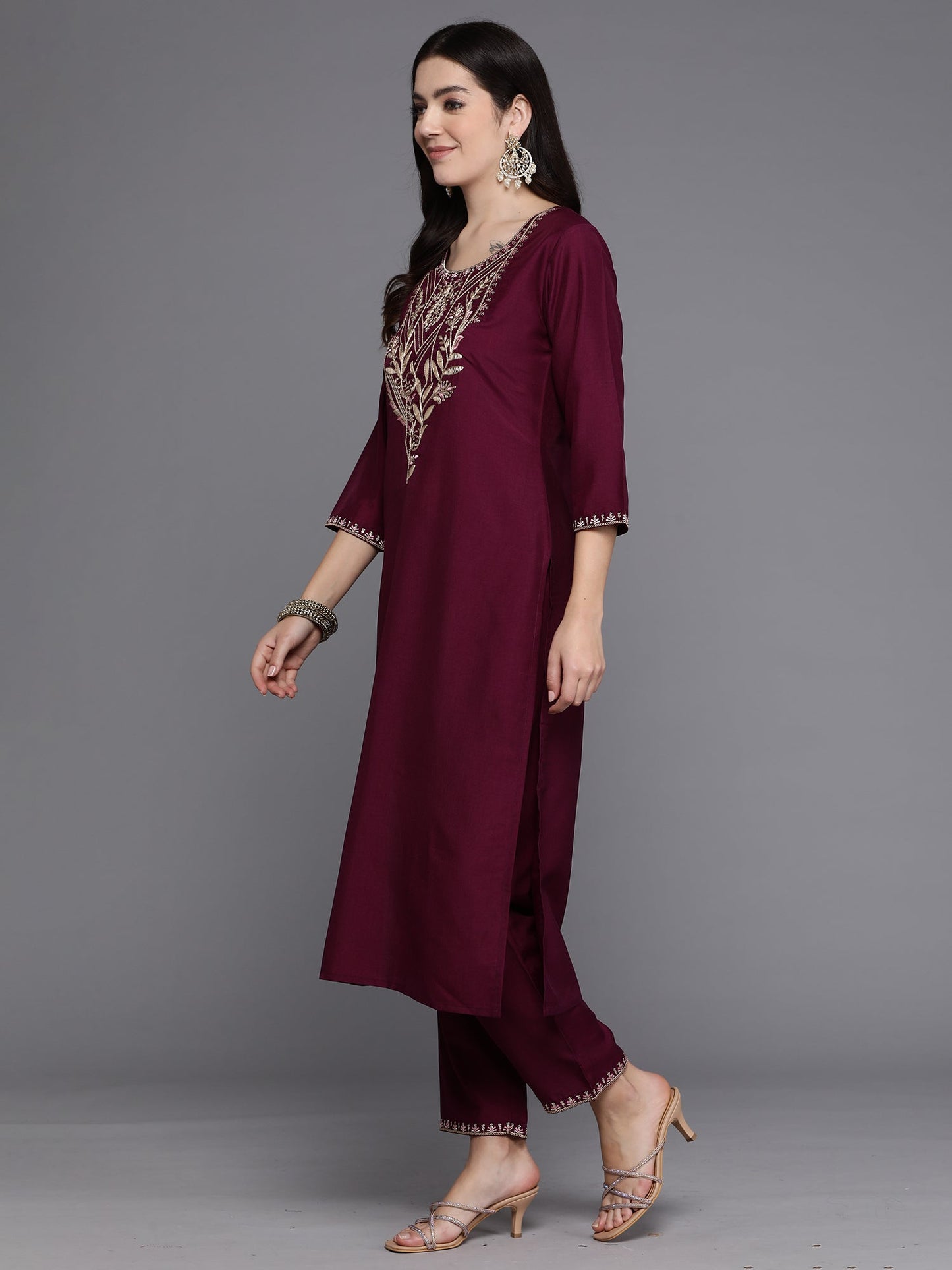 Indo Era Burgundy Embroidered Straight Kurta Trousers With Dupatta set