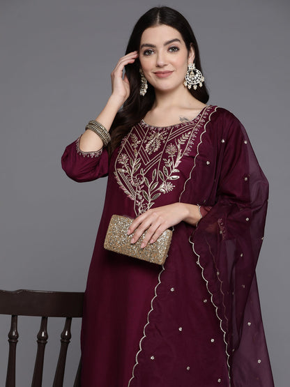 Indo Era Burgundy Embroidered Straight Kurta Trousers With Dupatta set